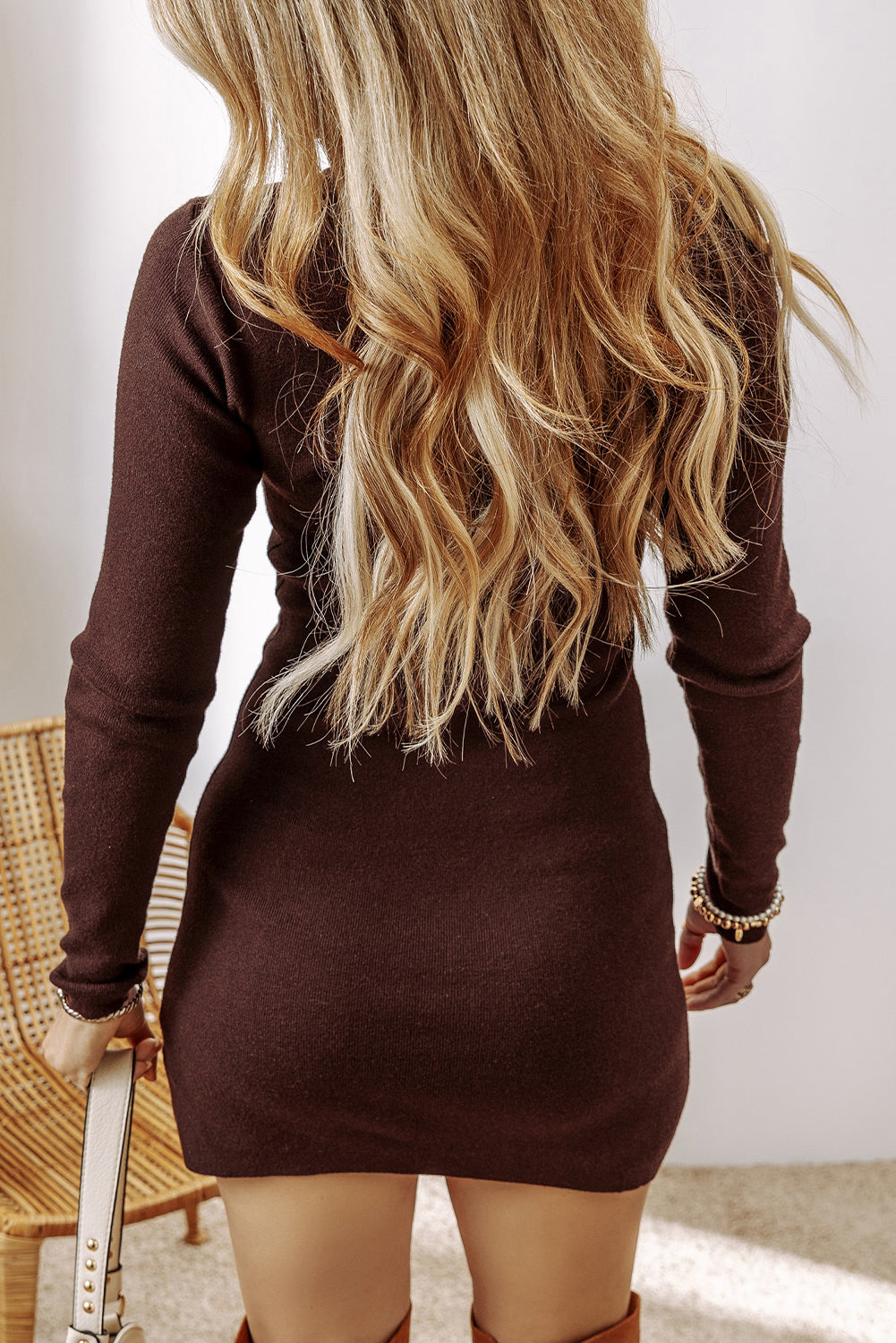 Coffee Slim Fit Mock Neck Side Slit Sweater Dress