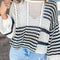 White Stripe Contrast Striped Crochet Puff Sleeve Sweater