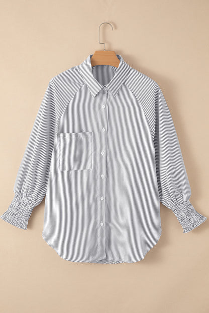 Smocked Cuffed Striped Boyfriend Shirt with Pocket