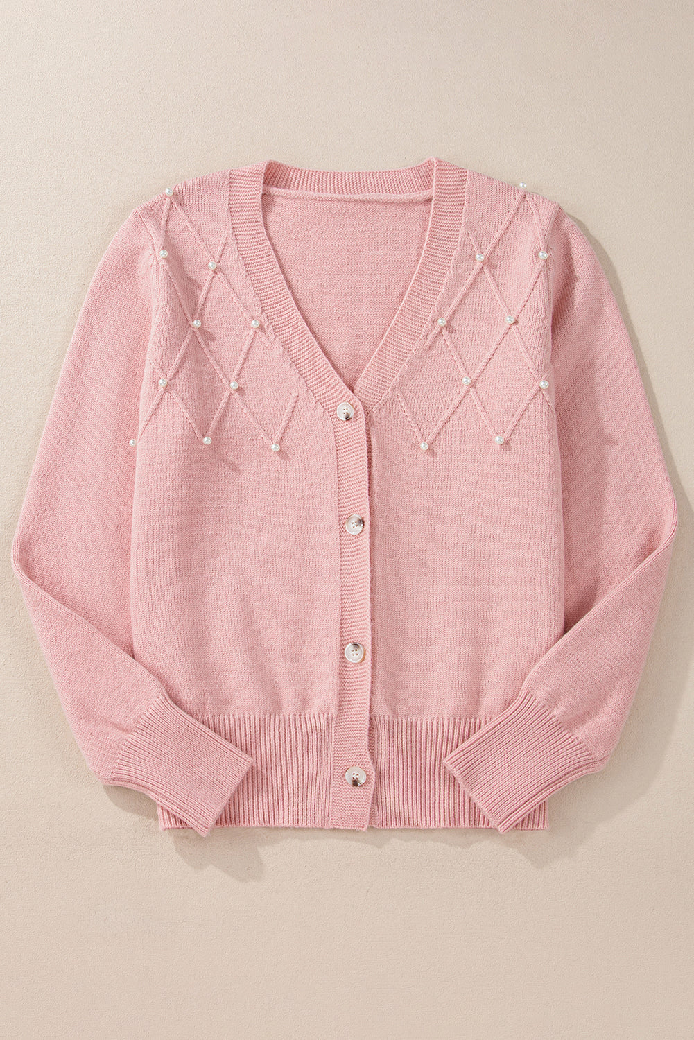 Sepia Rose Textured Knit Pearl Beaded Button Up Cardigan