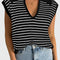 Black Stripe Turn-down V Neck Sweater Tank Top