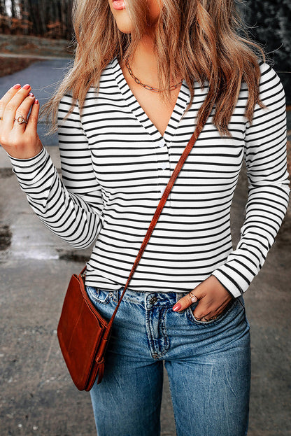 White Stripe Slim Fit Buttoned V Neck Long Sleeve T Shirt