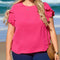 Bright Pink Ruffled Short Sleeve Plus Size Top