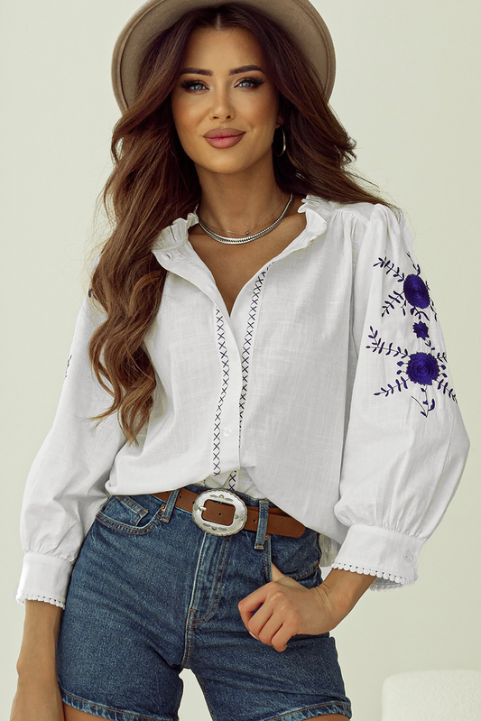 White Floral Embroidered Bracelet Sleeve Shirt