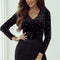 Black Velvet Beaded Long Sleeve V Neck Bodysuit