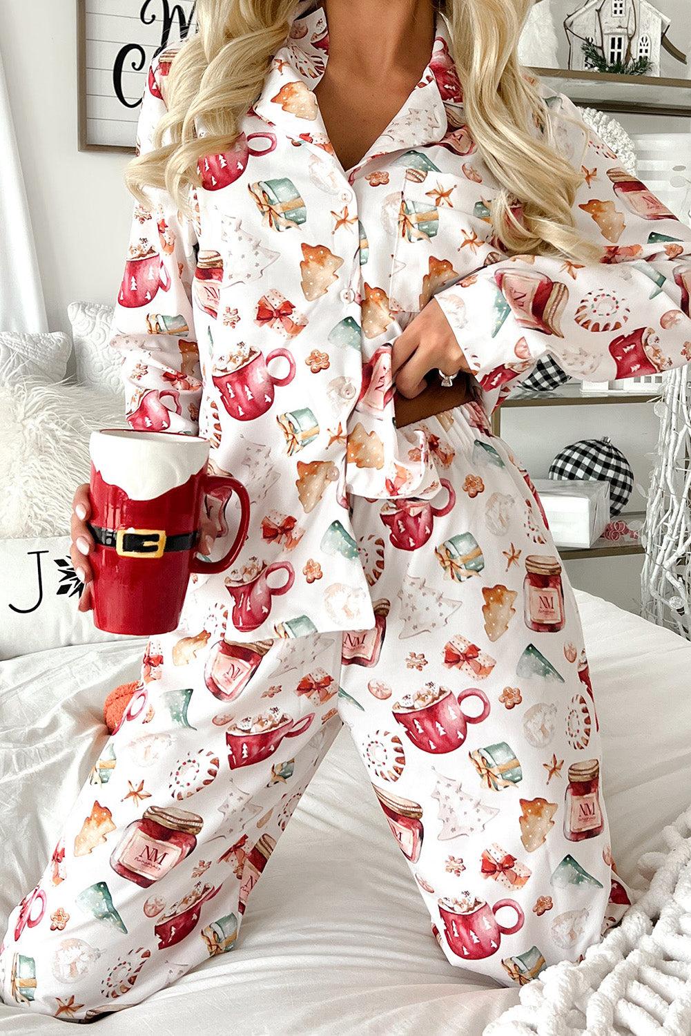 White Christmas Pattern Long Sleeve Shirt and Pants Pajama Set