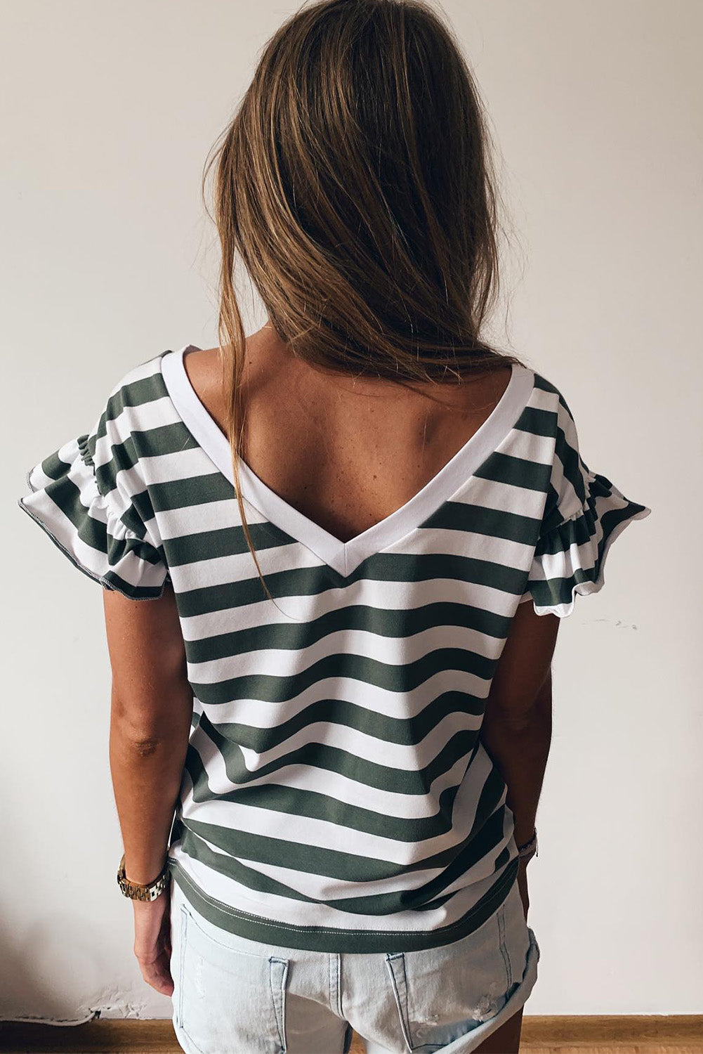 Sea Green Striped V Neck Ruffle Sleeve Top