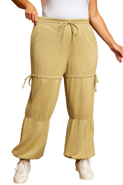 Beige Drawstring Adjusted Band High Waist Plus Size Pants