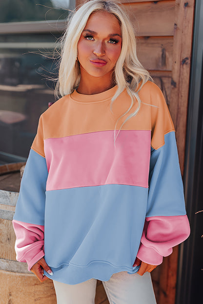 Sky Blue Colorblock Patchwork Drop Shoulder Sweatshirt