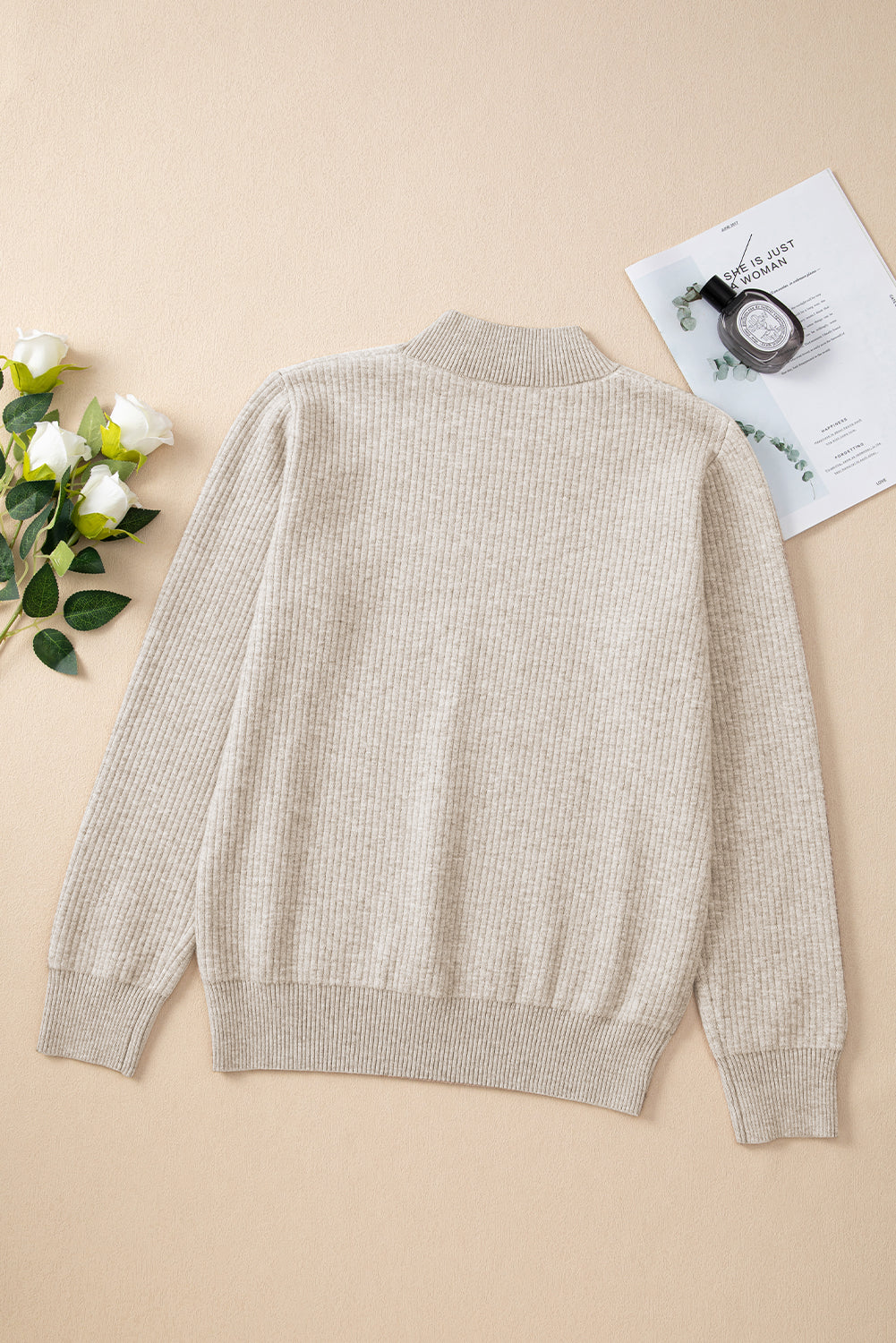 Apricot Thermal Lined Ribbed Knit Mock Neck Sweater