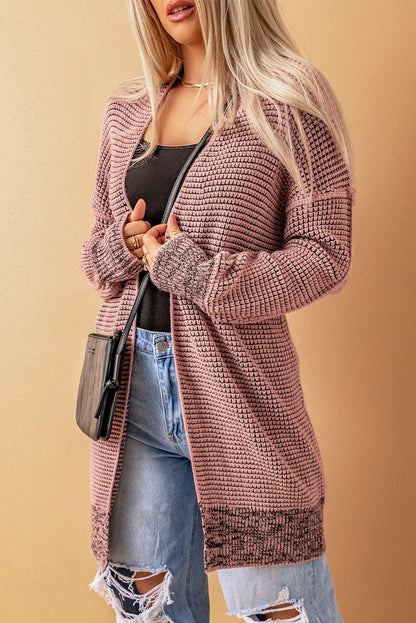 Pink Plaid Knitted Long Open Front Cardigan