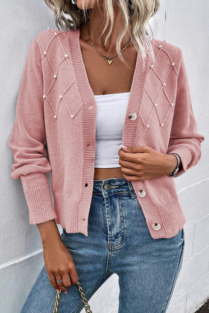 Sepia Rose Textured Knit Pearl Beaded Button Up Cardigan