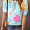 Sky Blue Flower Print Bubble Sleeve Tee