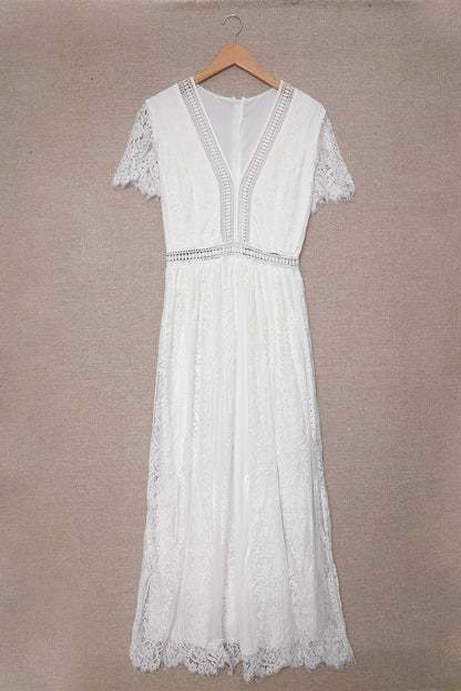 White V Neck High Waist Lace Maxi Dress