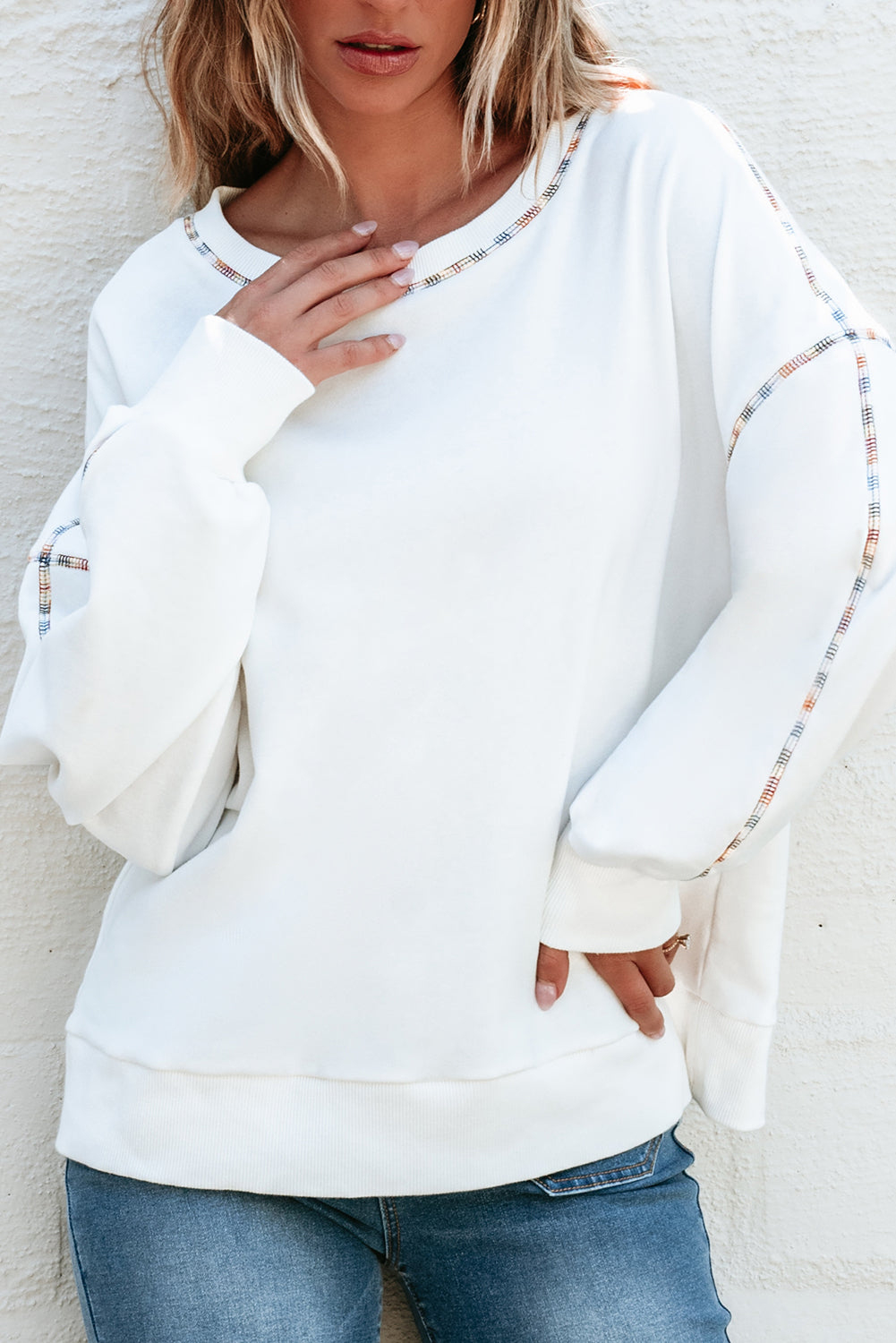 White Contrast Rainbow Trim Drop Shoulder Pullover Sweatshirt