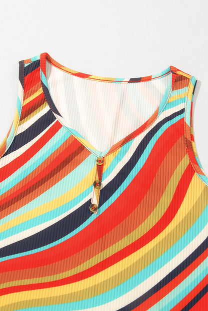 Multicolour Wavy Striped Buttoned V Neck Tank Top