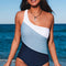 Sky Blue Color Block One Shoulder Backless One-piece Swimwear