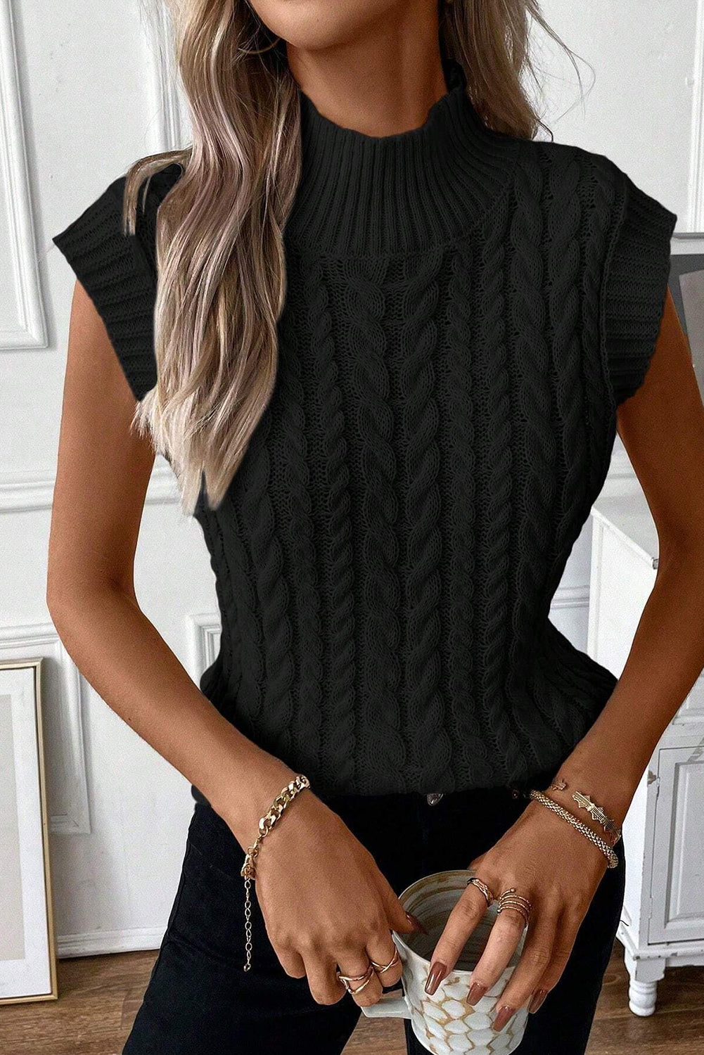 Black Cable Knit High Neck Sweater Vest