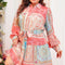 Pink Patchwork Print Bubble Sleeves Belted Plus Size Dress