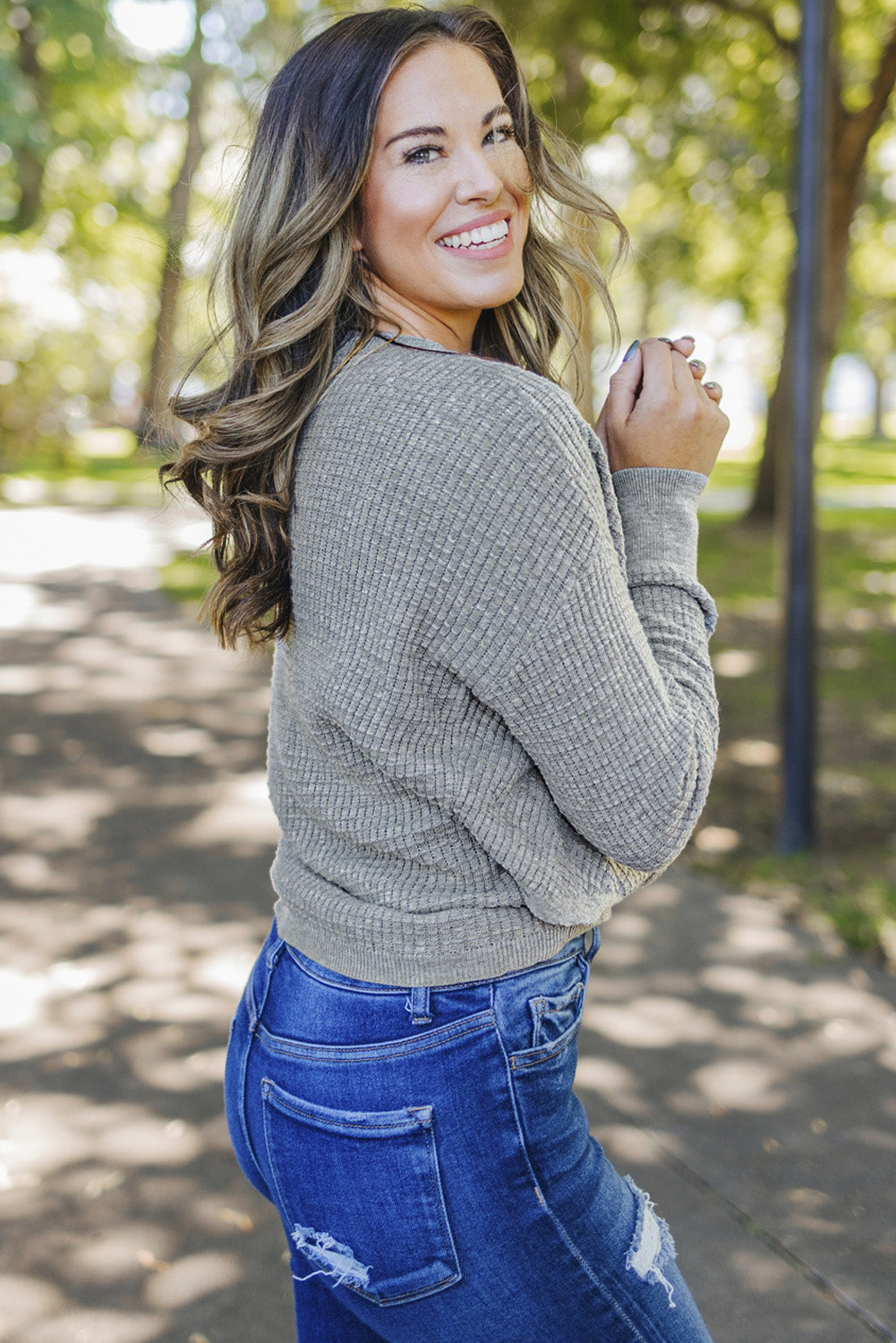 Gray Wrap V Neck Waffle Sweater