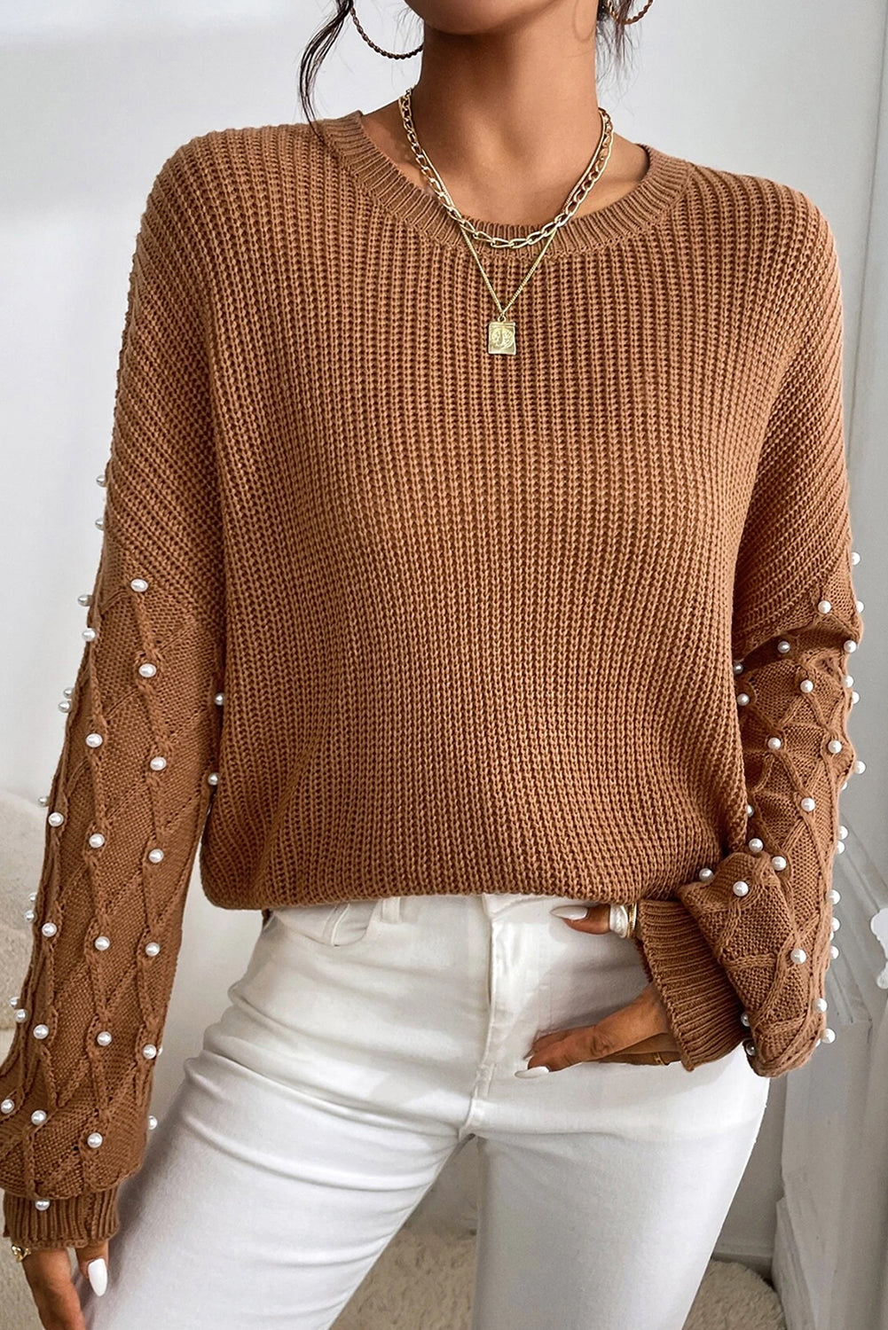 Chestnut Beaded Drop Shoulder Round Neck Sweater