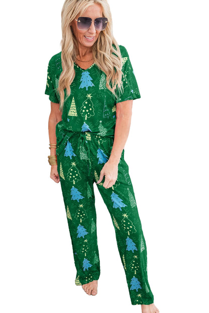 Green Christmas Tree Print V Neck Tee and Pants Lounge Set