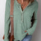 Smoke Green Acid Wash Waffle Knit Buttoned Neckline Long Sleeve Top