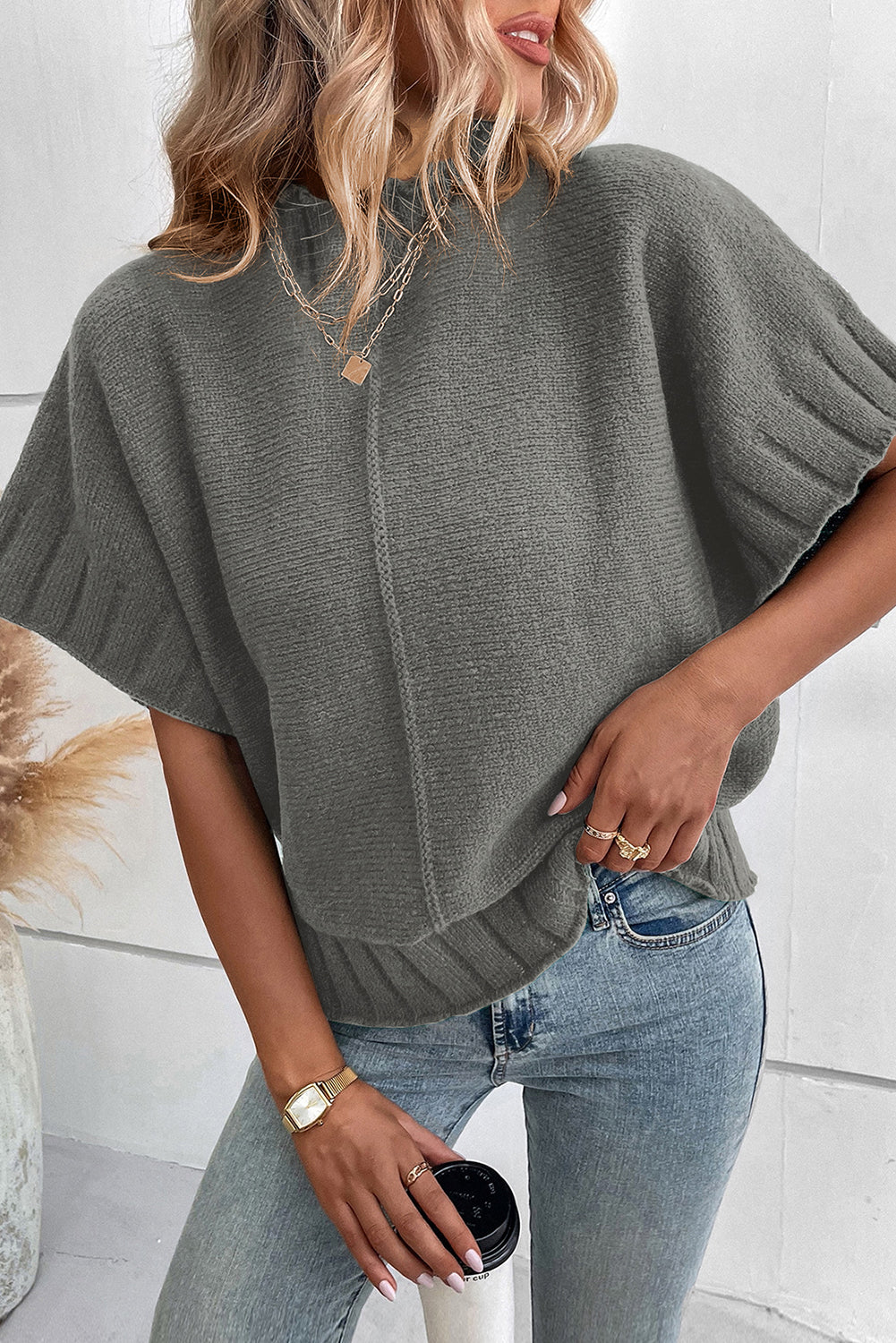 Medium Grey Mock Neck Batwing Short Sleeve Knit Sweater