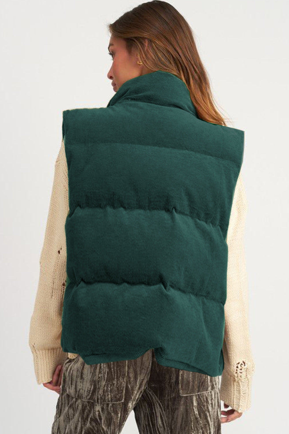 Jungle Green Corduroy Stand Neck Zipped Puffer Vest