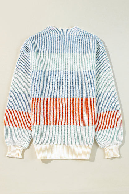 Multicolour Colorblock Textured Knit Bubble Sleeve Sweater