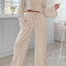 Khaki Ribbed Knit Bell Sleeve Crop Top Drawstring Pants Set