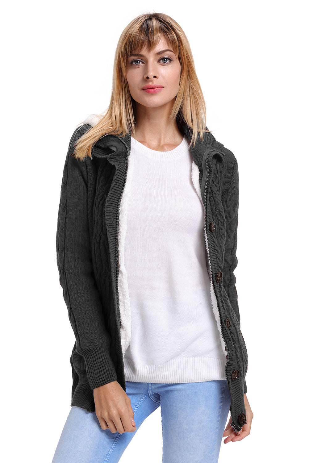 Charcoal Long Sleeve Button-up Hooded Cardigans