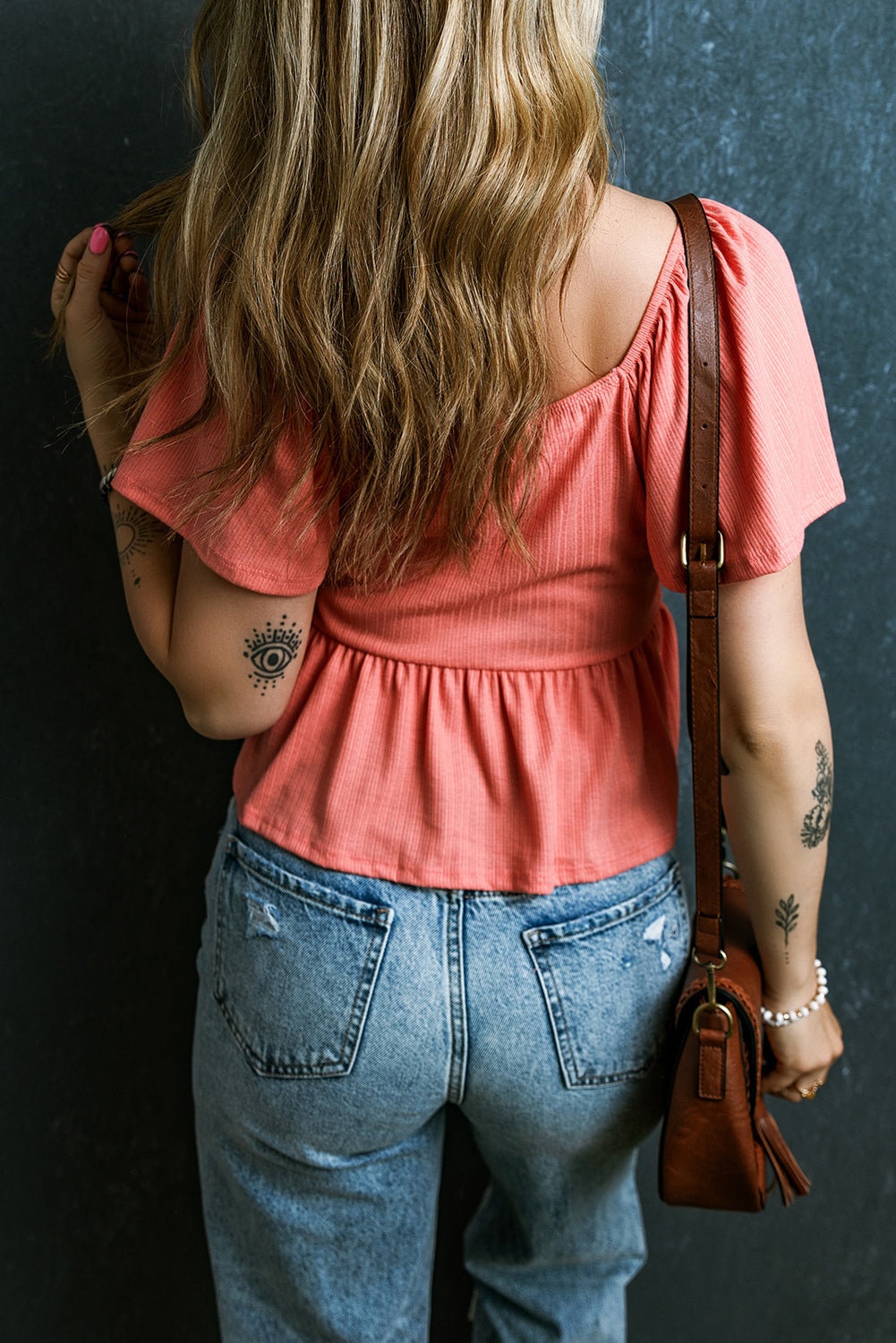 Tomato Red Shirred V Neck Short Flutter Sleeve Textured Blouse