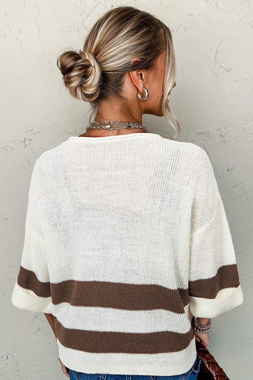 Brown Striped Accent Notched V Neck Cropped Sweater T Shirt