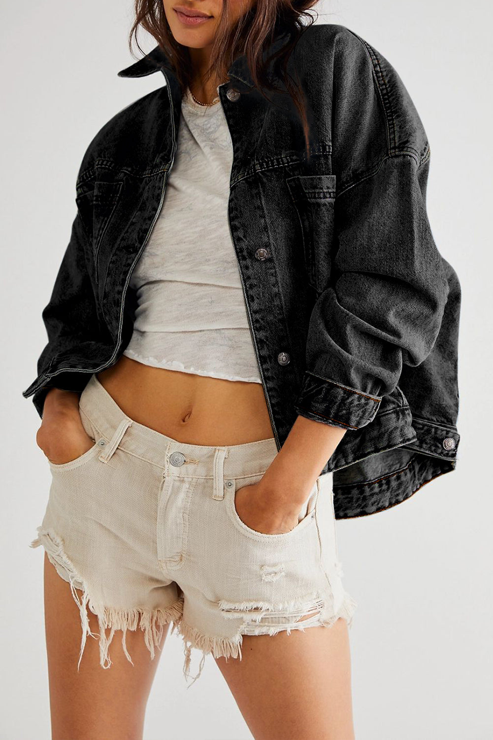 Black Washed Oversize Pocketed Denim Jacket