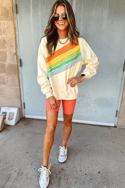 Apricot Rainbow Colorblock Striped Pullover Sweatshirt