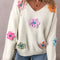 White Crochet Flower V Neck Sweater