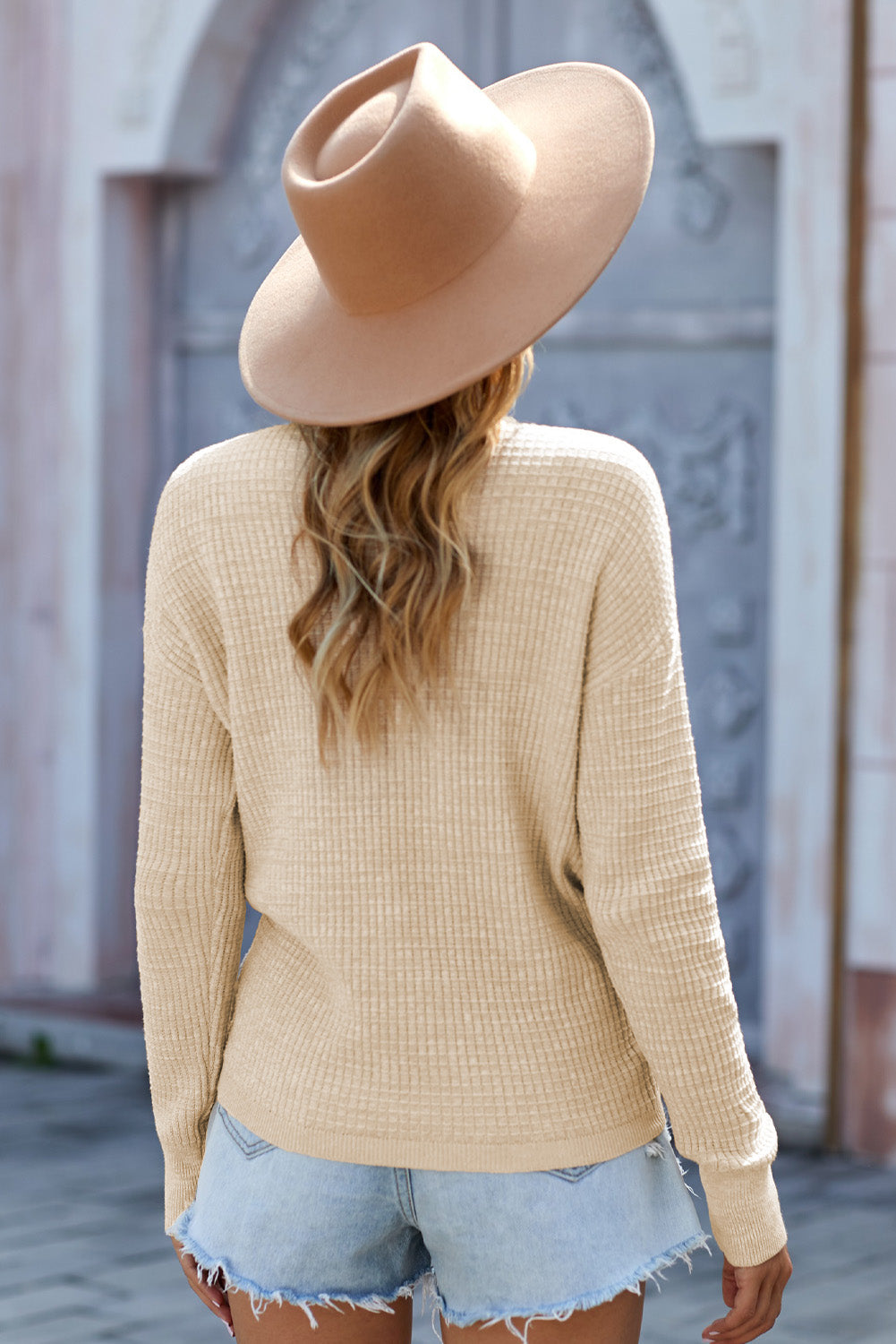 Apricot Wrap V Neck Waffle Sweater