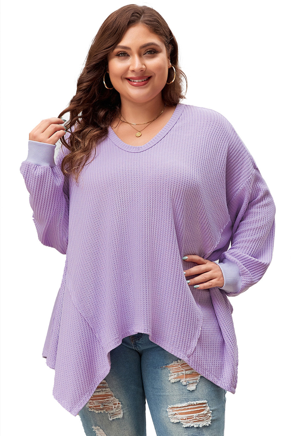 Orchid Petal Plus Size Waffle Knit Exposed Seam Flowy Top