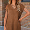 Camel Solid Color Short Sleeve Notched V Neck Sweater Dress