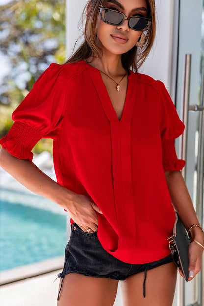 Fiery Red Solid Color Half Sleeve V Neck Blouse