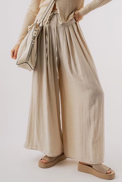 Beige Drawstring Waist Pleated Wide Leg Casual Pants