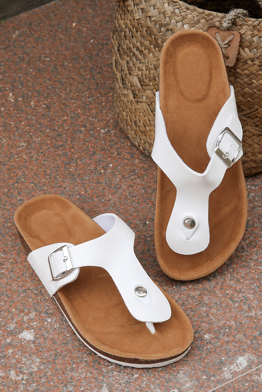 White Vintage Buckle PU Leather Thong Slippers