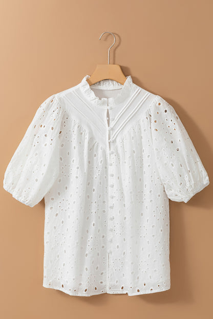 White Flower Embroidered Hollow-out Puff Sleeve Blouse