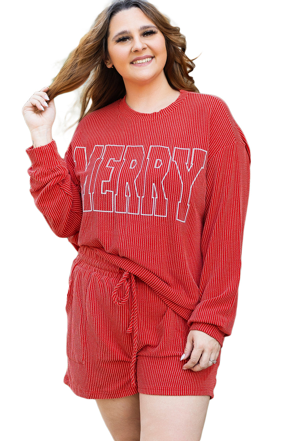 Racing Red MERRY Ribbed Knit Long Sleeve Lace-up Waist Plus Size Set