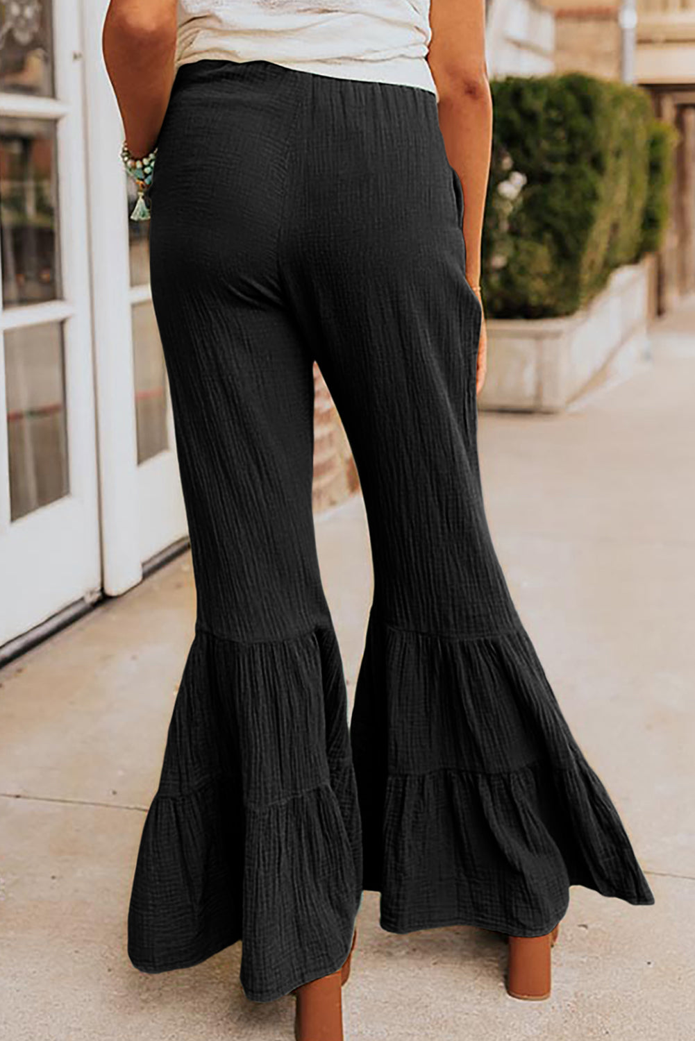 Black Textured High Waist Ruffled Bell Bottom Pants