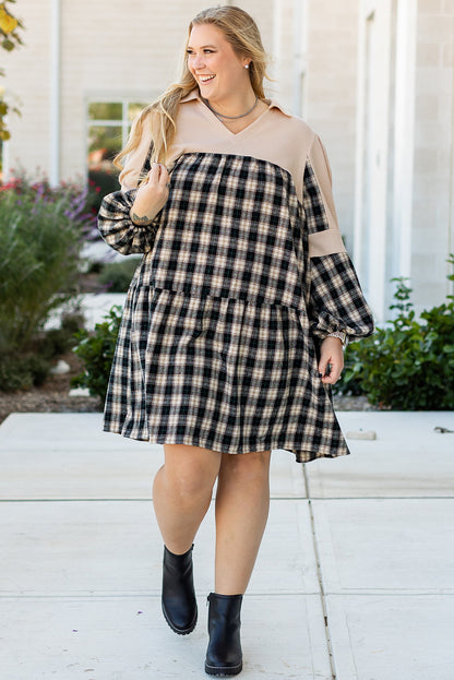 Black Plaid Waffle Knit Patchwork Collared V Neck Plus Size Mini Dress