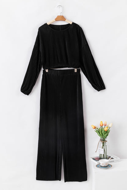 Black Corded Cropped Pullover and Wide Leg Pants Set