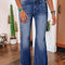 Sail Blue High Rise Dual Button Distressed Raw Hem Flared Jeans