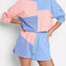 Sky Blue Colorblock Patchwork Long Sleeve Shorts Outfit